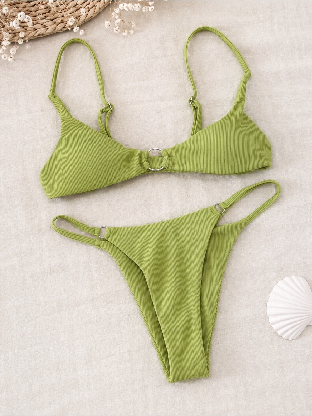 NWT Ribbed Olive Green Ring Detail Bikini Set Size Small